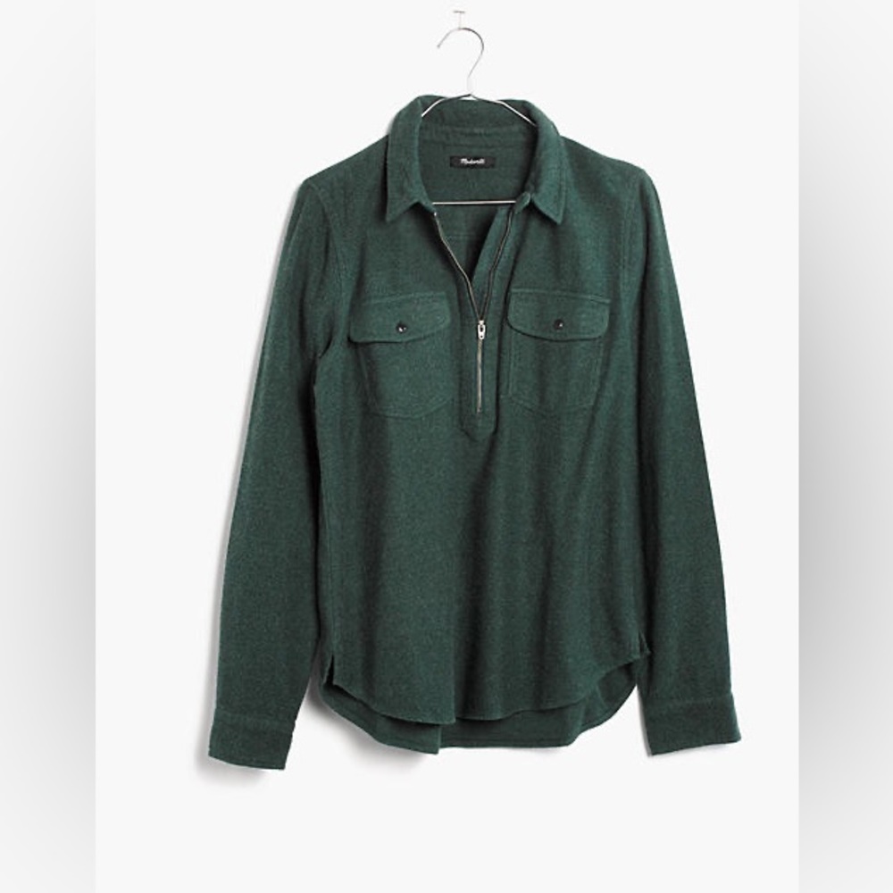 Flannel Zip-Front Popover Shirt - Green/XS